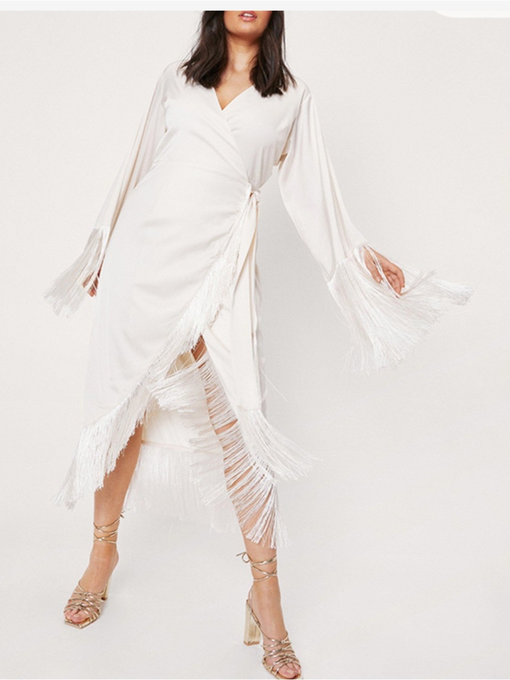 Nasty Gal NWT white Fringe Wrap bridal Dress size 16